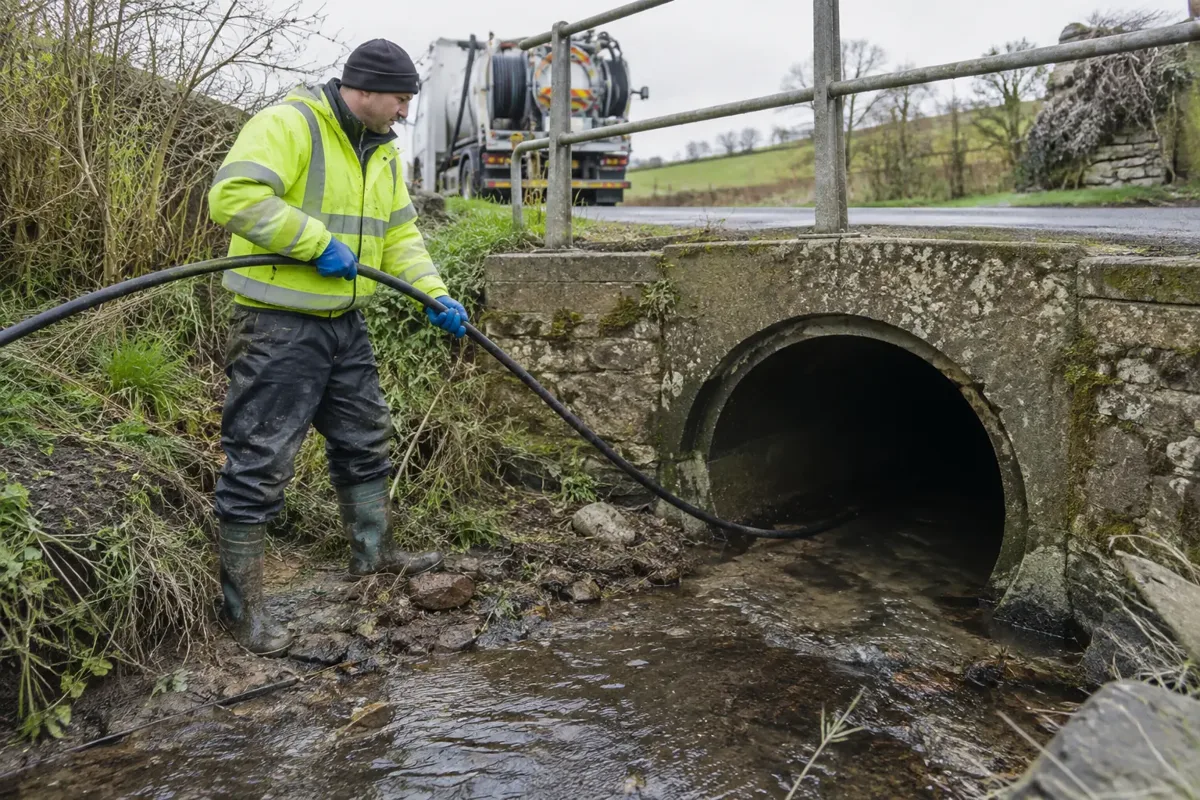 Drainage technician from firm dry ground guides a long jetting hose into the large round mouth of a concrete culvert beneath a small rural road bridge. Shallow trickle of water, jetting van in background, no entry into confined space, gloves and waterproof boots.