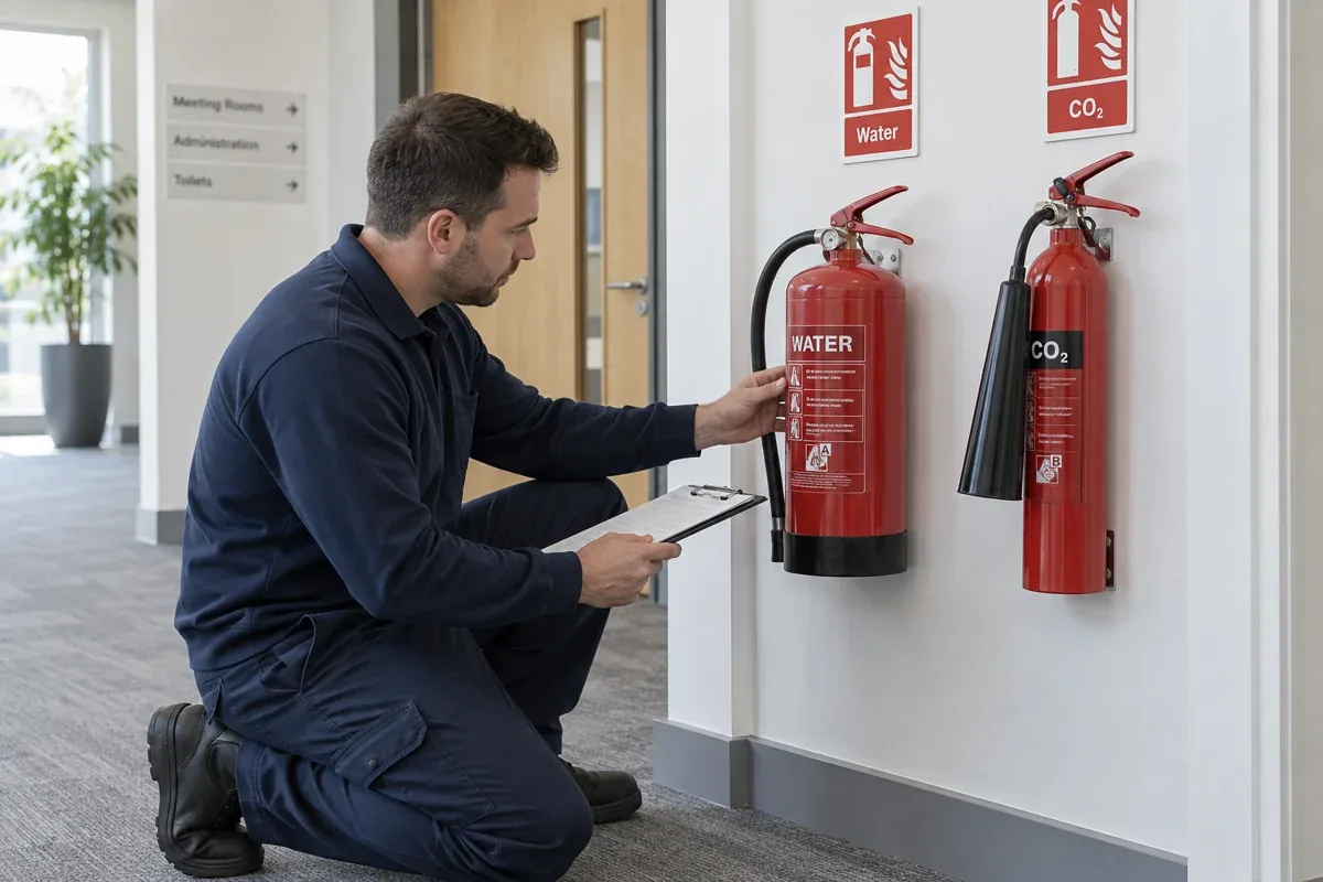 AI-generated illustration: technician commissioning a water extinguisher beside a CO2 unit and recording the inspection