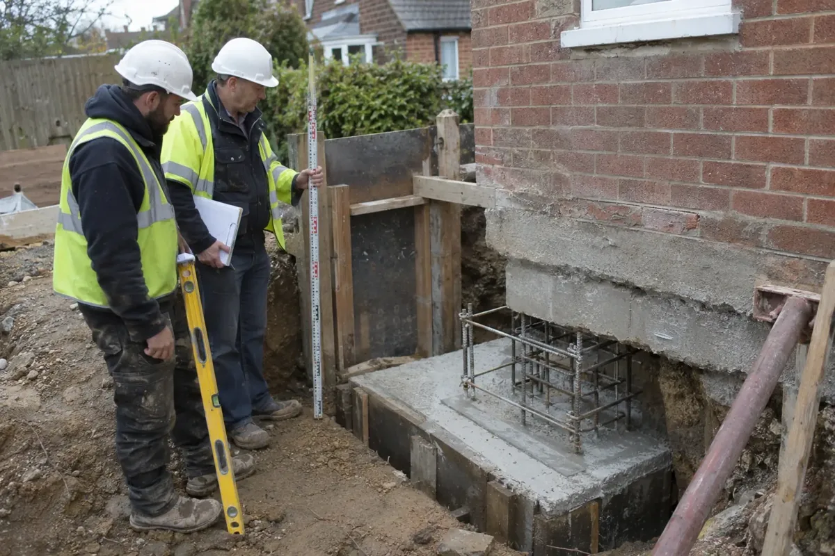 Foundation engineer and builder examining a small engineered underpinning bay beside an existing house wall, exposed concrete footing and newly reinforced support clearly visible in shallow shored excavation. They stand on safe ground outside excavation, helmets, level and measuring rod.
