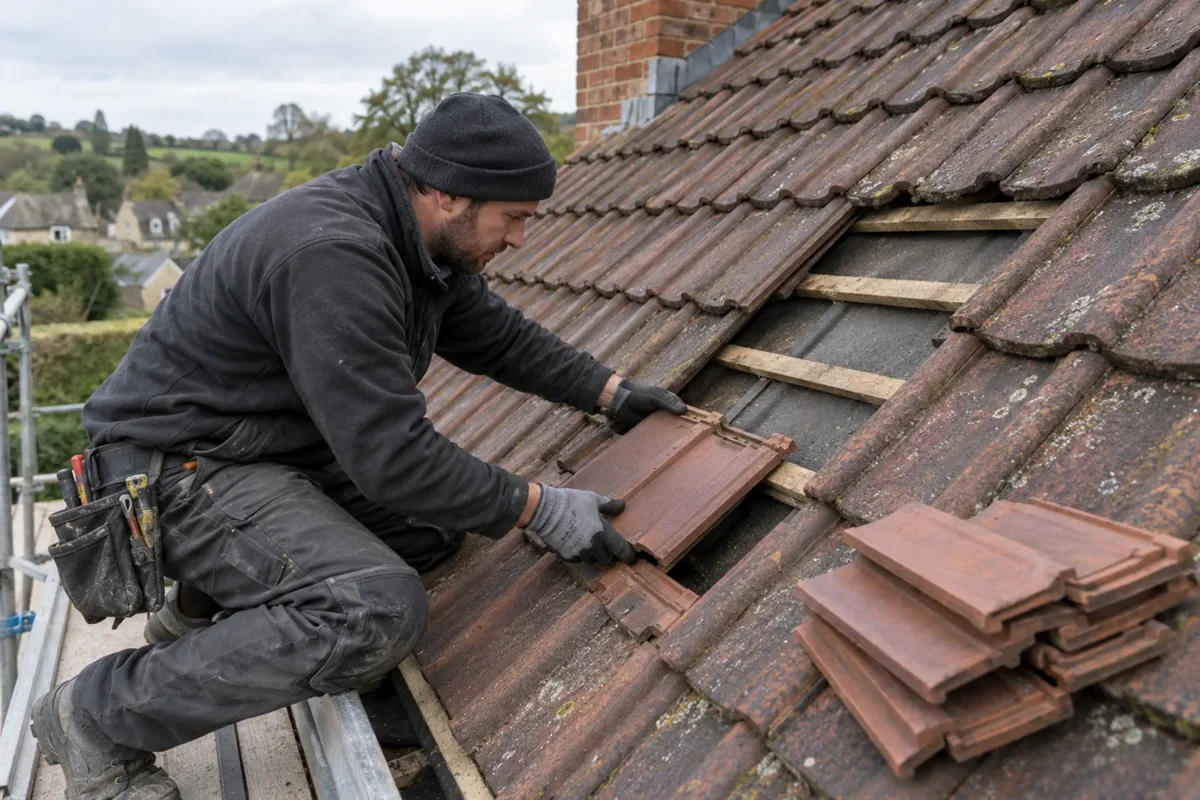Roofer replacing missing roof tiles
