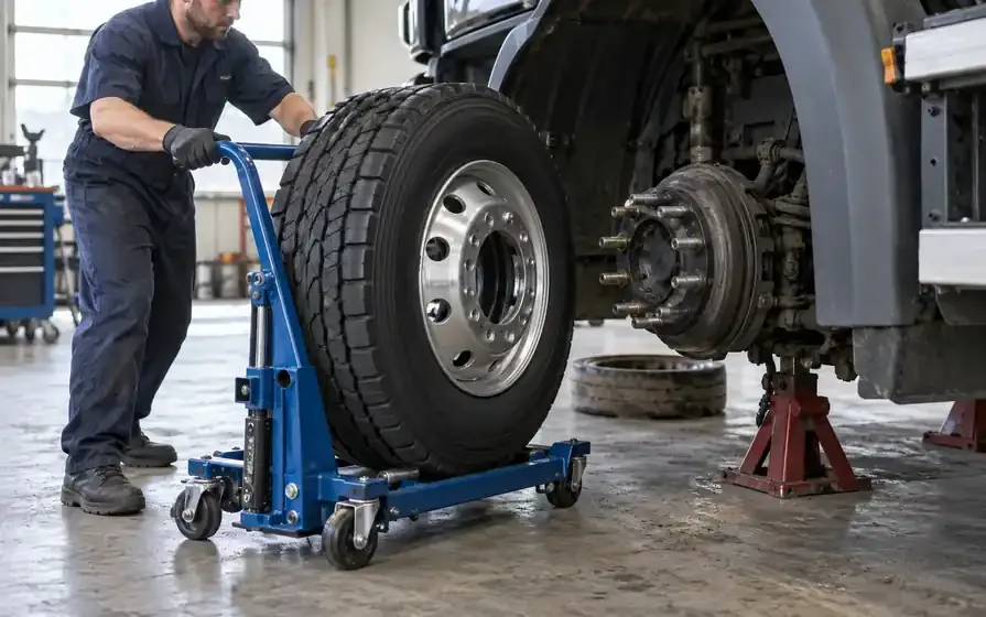 Technician brings a new silver truck wheel on a trolley toward an exposed supported hub.