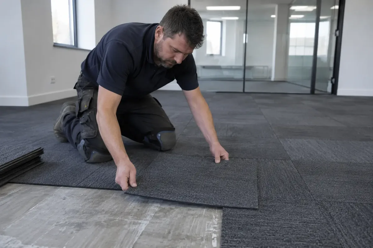 Floor fitter laying square charcoal carpet tiles in a modern empty office, distinct modular tile grid and a loose carpet tile being positioned on prepared floor, knee pads, office glass partition in background.