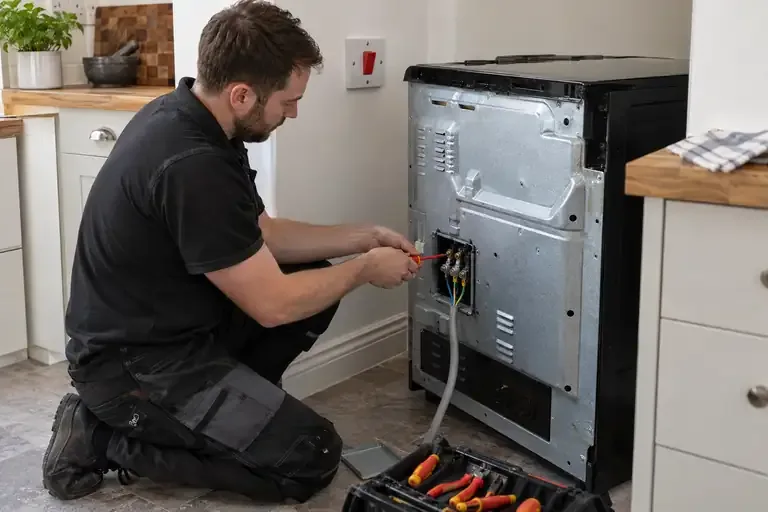 Electrician connecting the rear terminal block of a freestanding electric cooker.