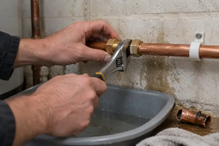 Plumber tightening a repair coupling on a leaking copper water pipe.
