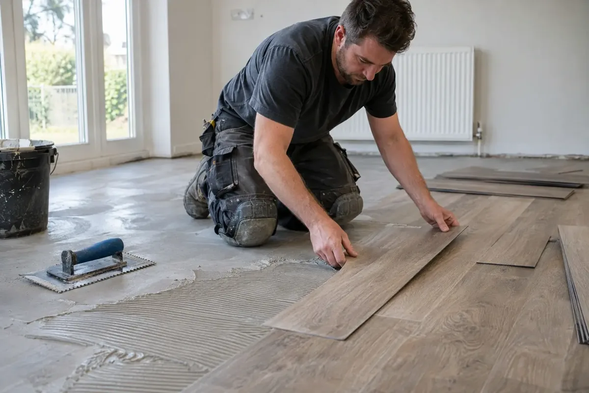 Floor fitter carefully laying a wood-effect luxury vinyl tile plank into adhesive on a smooth prepared subfloor in a bright home, thin flexible LVT planks and notched trowel clearly visible, knee pads.
