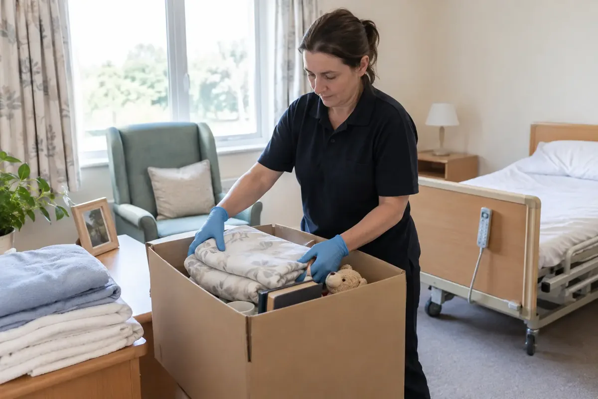 Worker packing folded bedding and ordinary personal items into a cardboard box in an empty care-home bedroom with adjustable care bed and armchair.