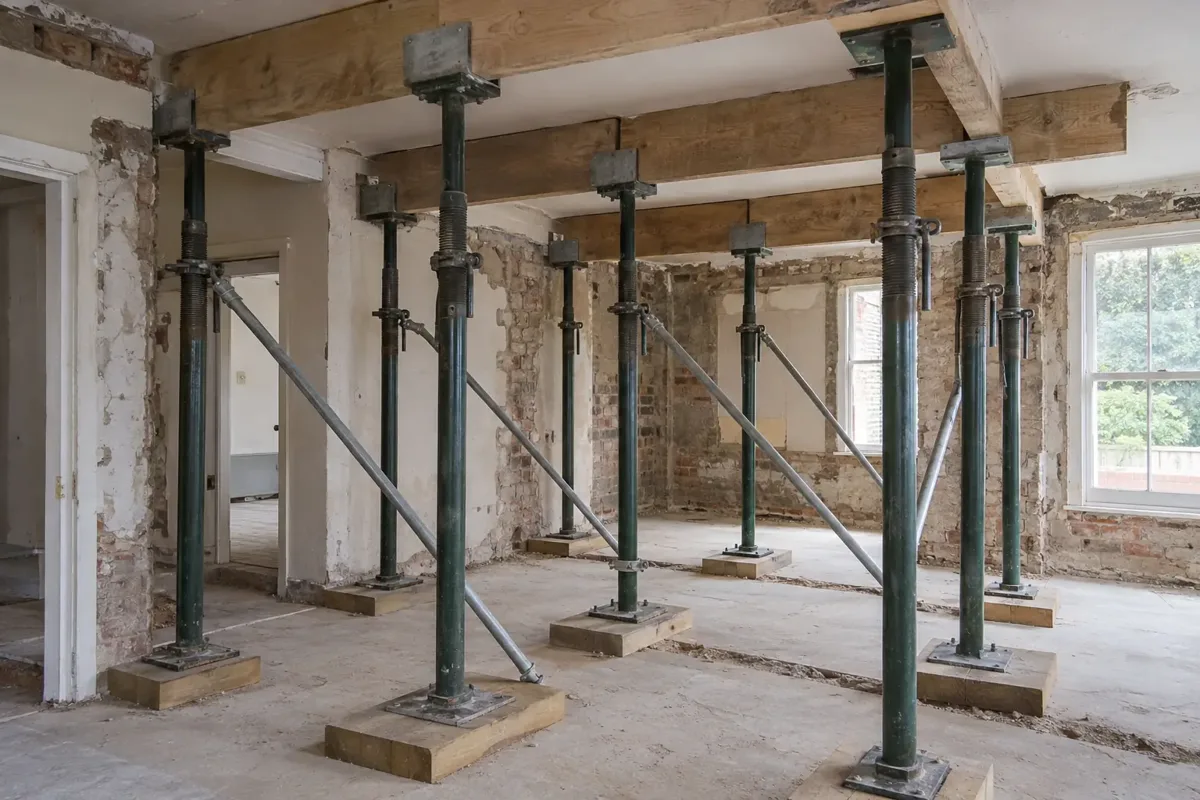 Interior building refurbishment with an engineered array of braced adjustable steel shoring props supporting heavy horizontal timber beams beneath a ceiling, proper wide sole plates and U-heads, strong diagonal bracing, no workers, clear temporary structural support photograph.