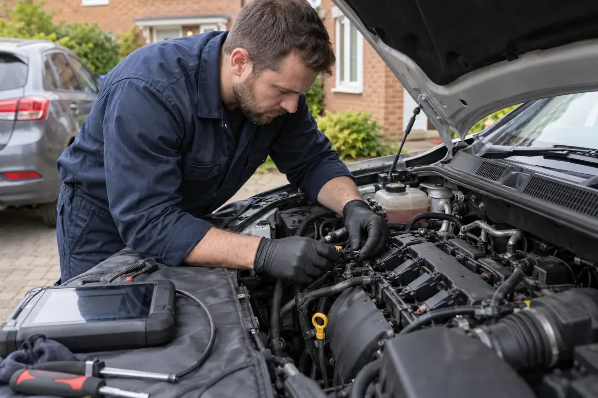 Mechanic inspecting the engine of a car that will not start