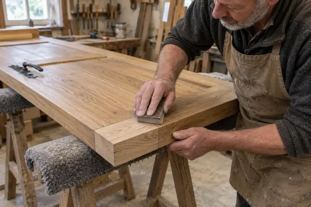 Carpenter sanding a repaired section of a timber door on a bench
