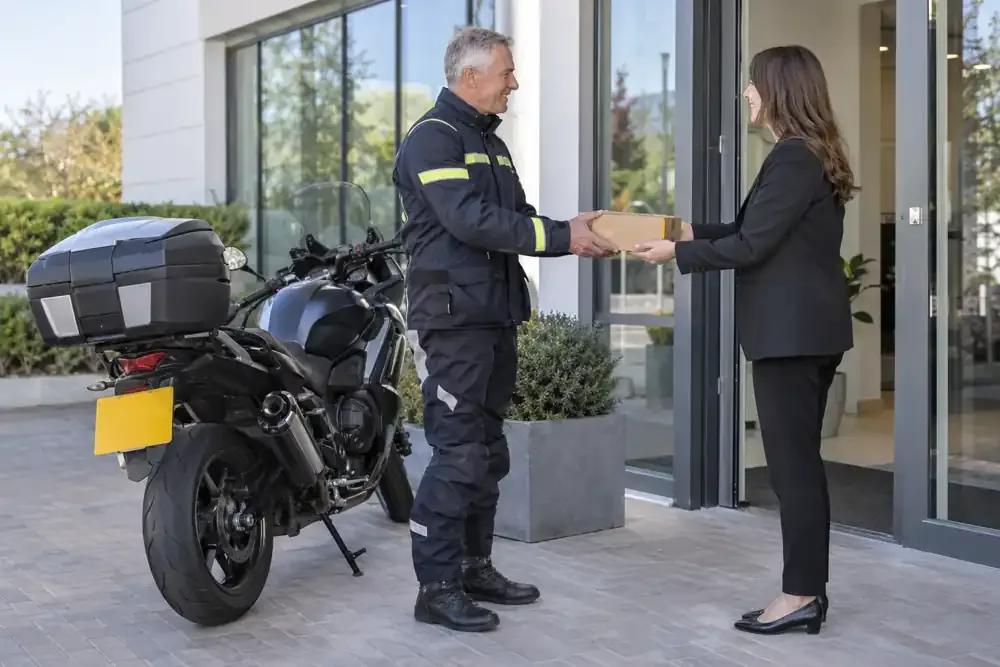 a motorcycle courier preparing or handing over a suitable consignment