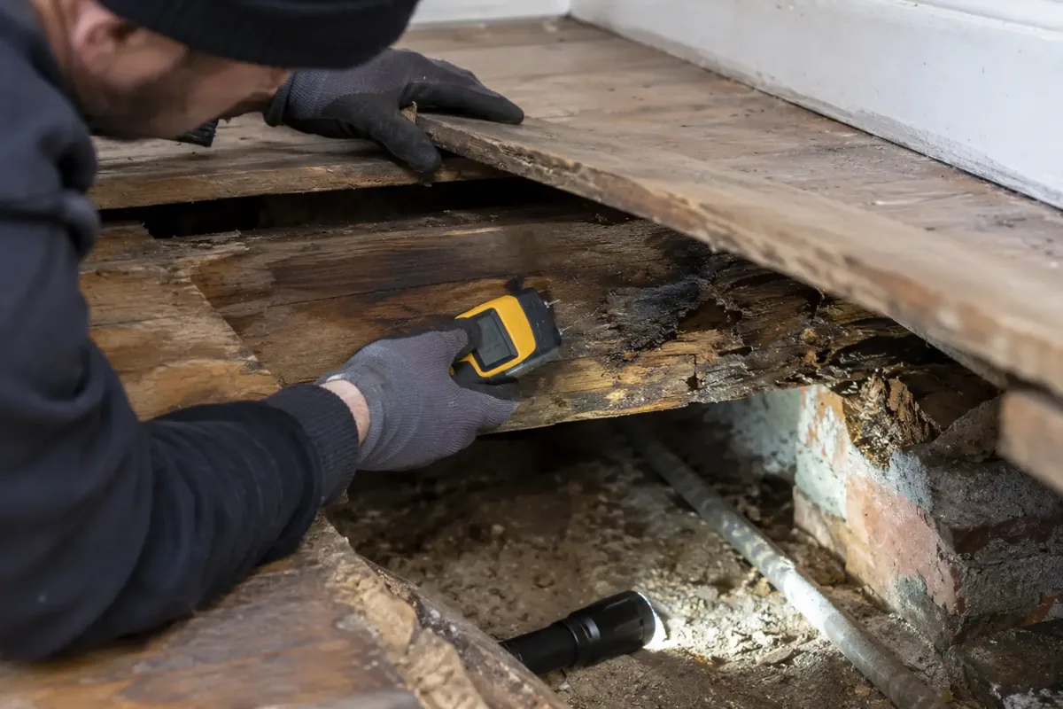Timber specialist lifting a floorboard and pressing a moisture meter into a dark softened damp timber joist beneath a UK suspended floor. Localised water staining and crumbly damaged wood clearly visible, gloved hand, inspection torch, no fungus spreading across room.
