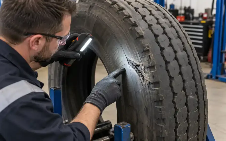 Technician inspecting a cut and scuffing on a commercial tyre shoulder with a light.