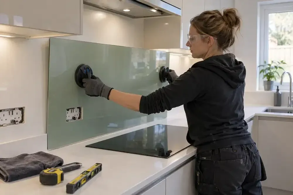 Installer positioning a pale glass splashback behind a kitchen hob