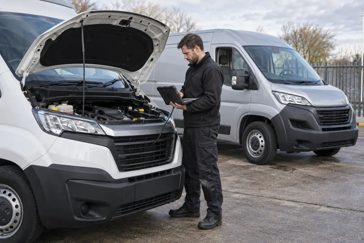 Technician with diagnostic equipment beside two fleet vans.