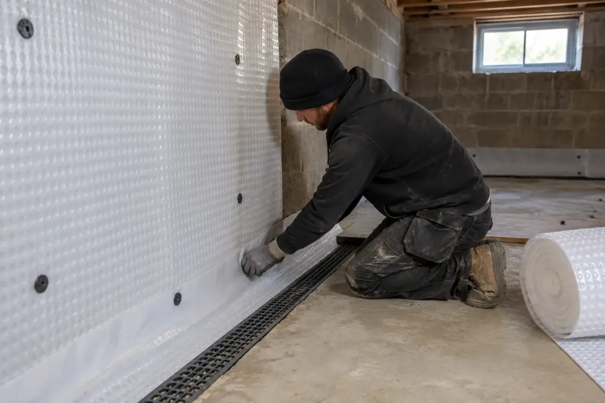 Specialist fitting white studded waterproof cavity-drain membrane to the inside wall of an unfinished basement, carefully sealing the wall-floor junction over a visible perimeter drainage channel. Below-ground masonry room, gloves, detailed membrane texture and realistic fixings.