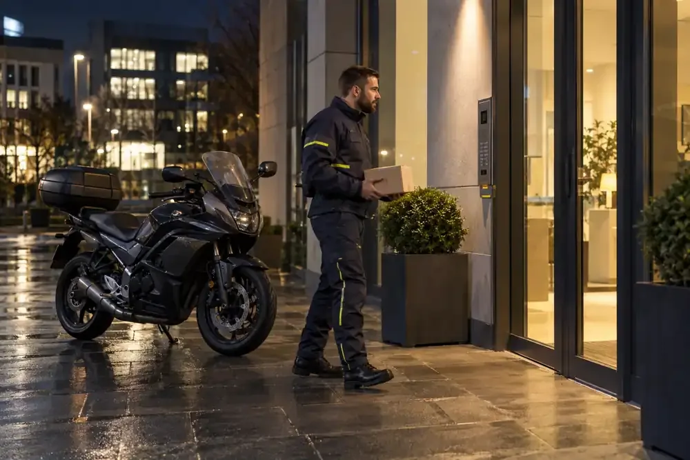 a motorcycle courier preparing or handing over a suitable consignment
