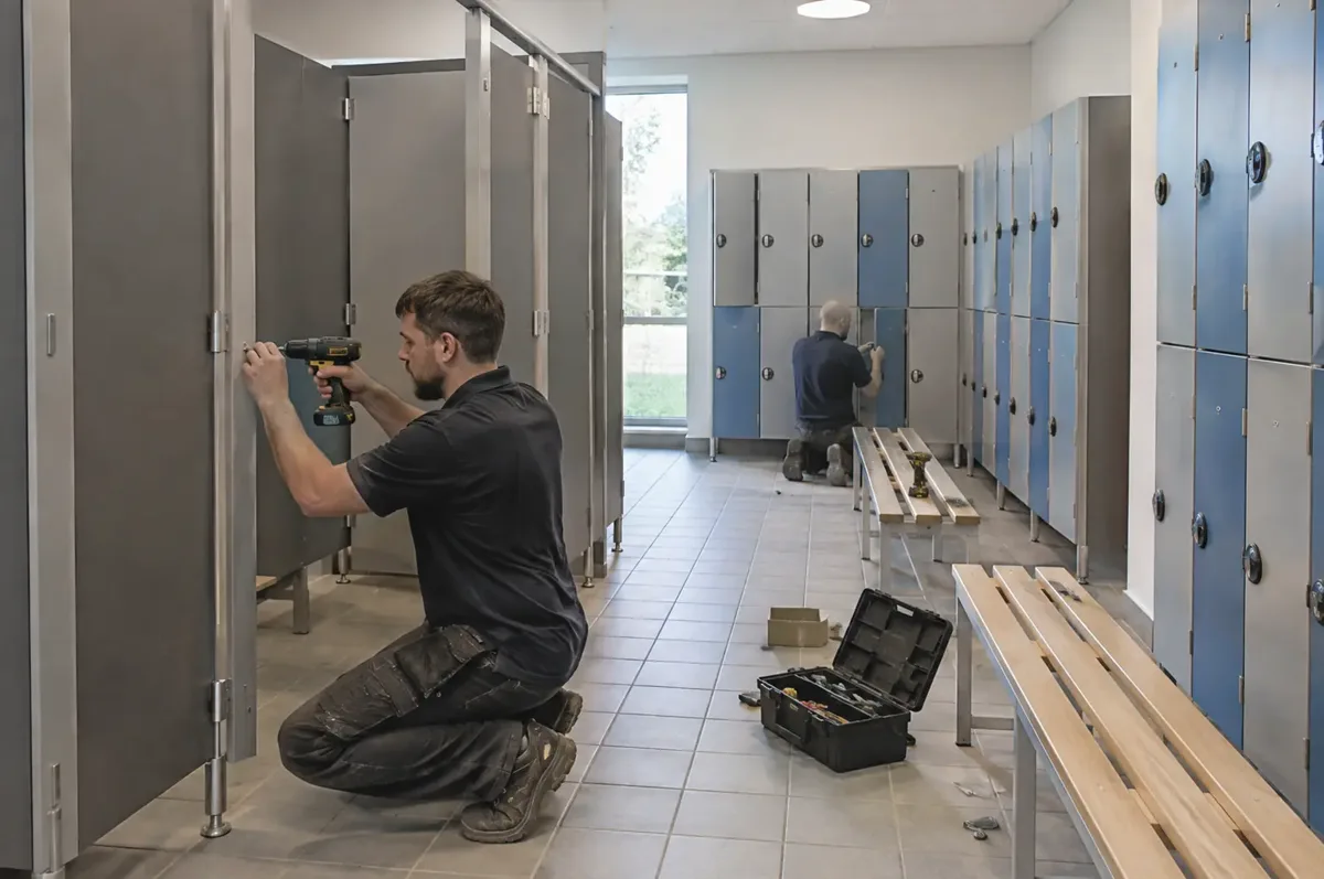Fitters installing leisure-centre changing cubicles and locker cabinets beside bench seating.