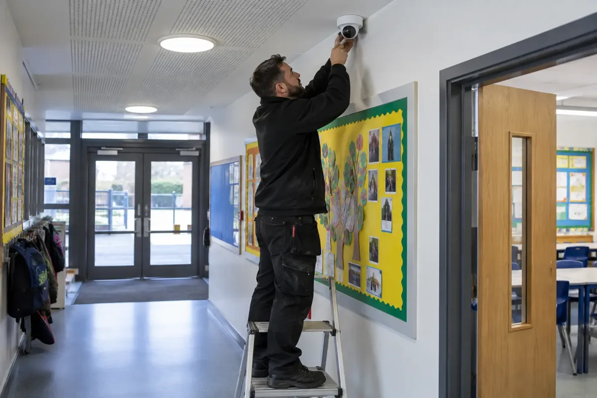 Security technician fitting a wall CCTV camera overlooking the entrance and corridor of a quiet empty UK school. Classroom doors and colourful but text-free noticeboards establish the school setting. No children, safe low podium access.