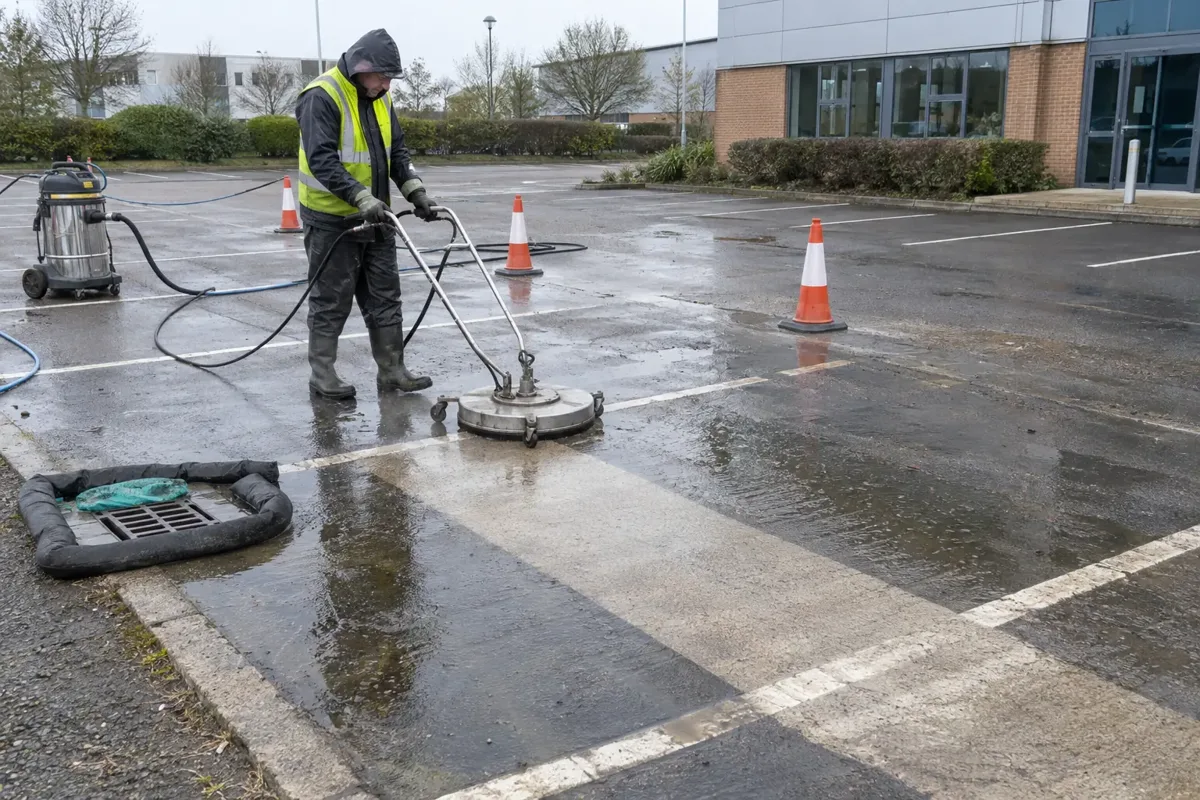 A cleaner pushing a circular flat-surface pressure cleaner over a dirty empty business car park, distinct freshly cleaned strip and parking bay lines, traffic cones exclude public, hose connected, drain protection and wet vacuum recovery hose nearby, waterproof PPE.