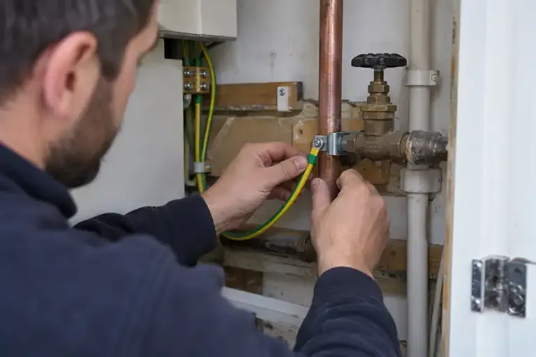 Main bonding installation: a professional electrician assessing or carrying out the electrical work.