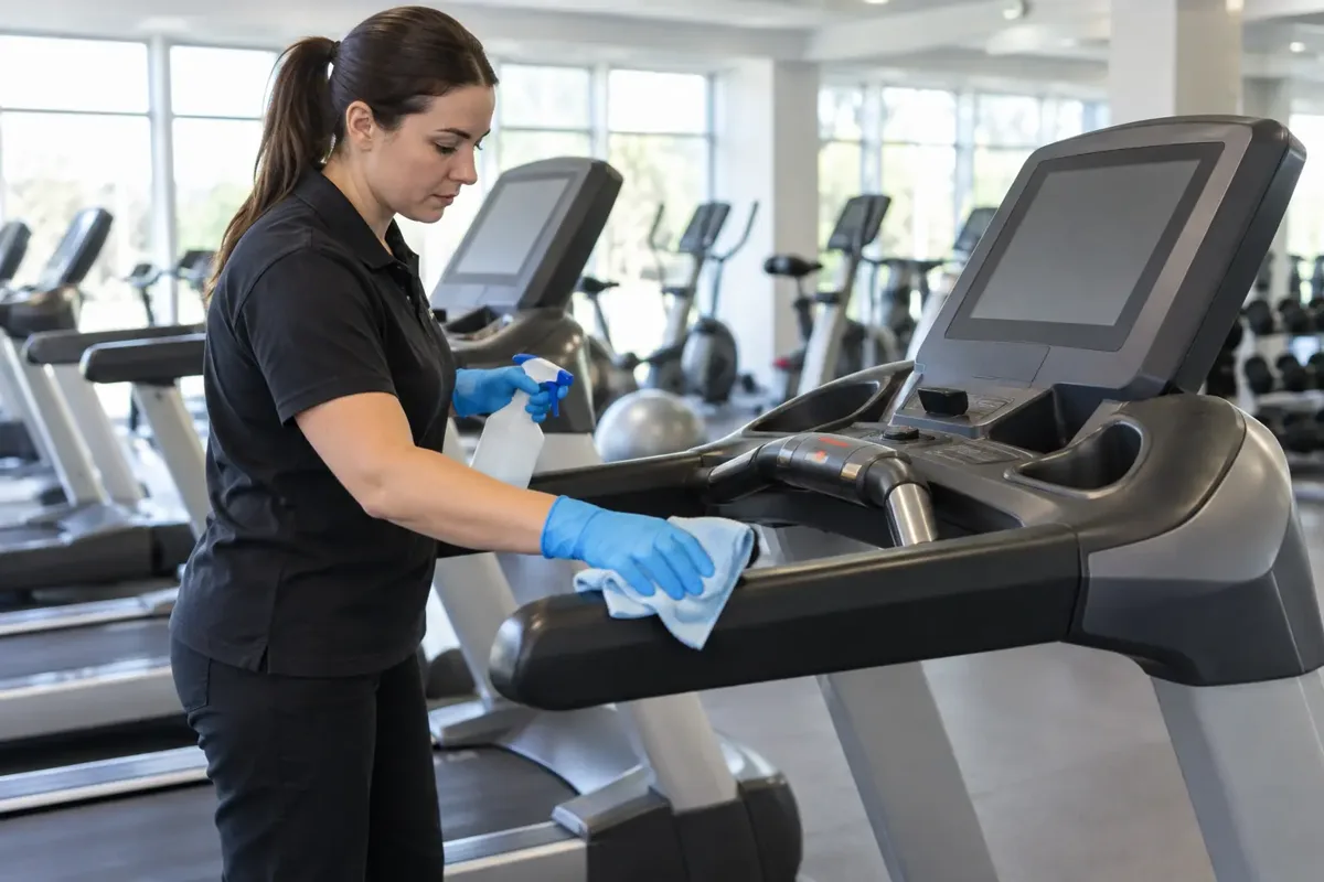 Cleaner wearing gloves wipes the contact handles and console of an unoccupied treadmill in a bright gym. Other exercise machines softly visible, cleaning cloth and unlabelled spray bottle, no readable screens.