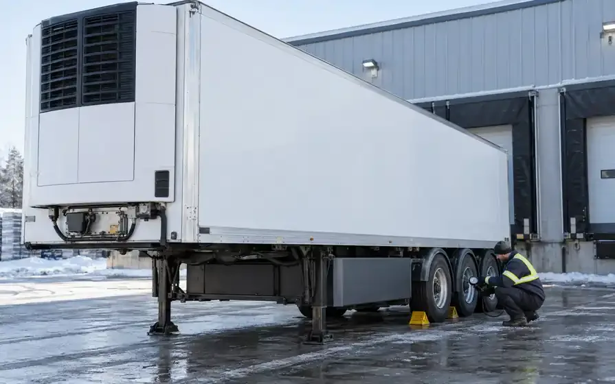Technician checking tyres on a refrigerated trailer with its cooling unit visible.