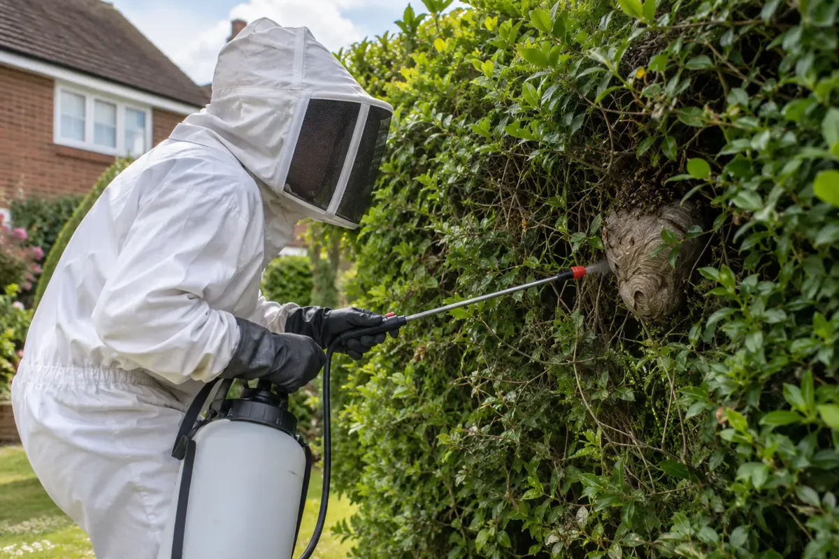 Wasp nest treatment in a garden hedge