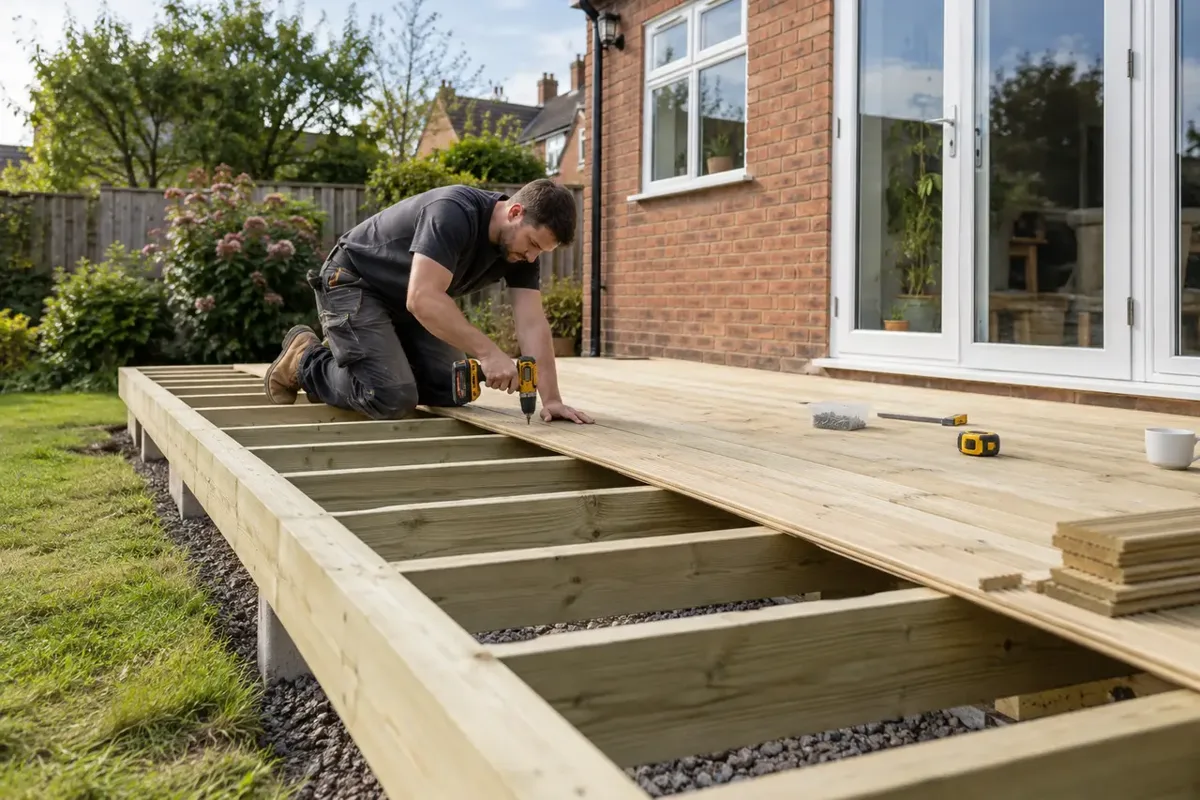 Carpenter laying timber flooring