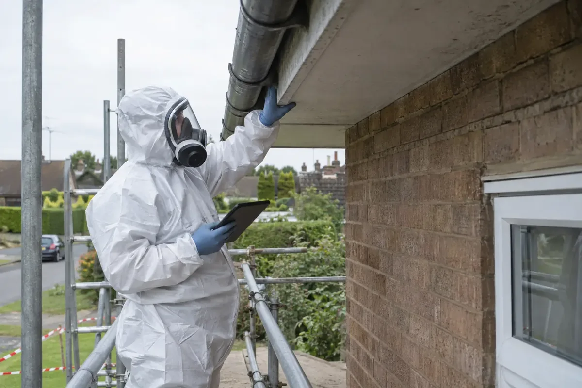 Asbestos specialist wearing hooded coveralls, gloves and full-face respirator inspecting an old flat soffit board beneath a British bungalow roof eave from a proper guarded scaffold platform. Soffit underside clearly visible, cordoned ground, intact board, no dust or demolition.