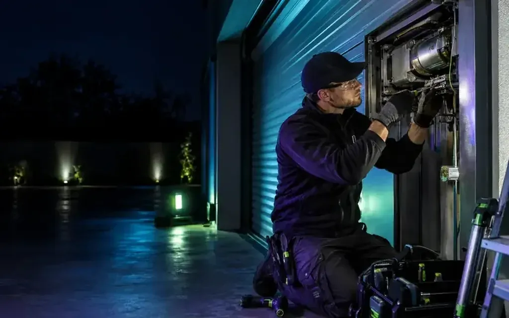 Technician examining the drive assembly beside a steel shutter