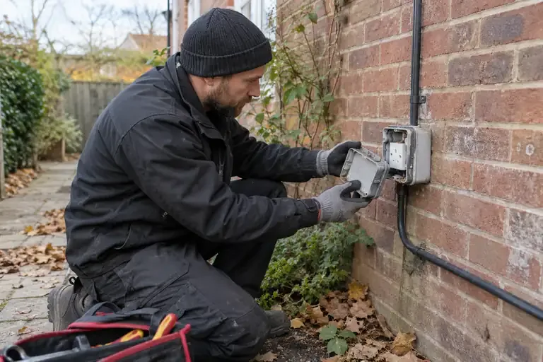 Electrician replacing a damaged outdoor electrical enclosure on a brick wall.