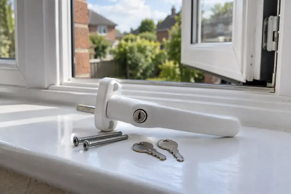 Replacement locking window handle, fixings and keys beside a casement window.