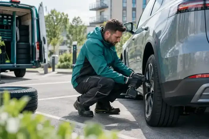 Mobile tyre technician servicing an electric car