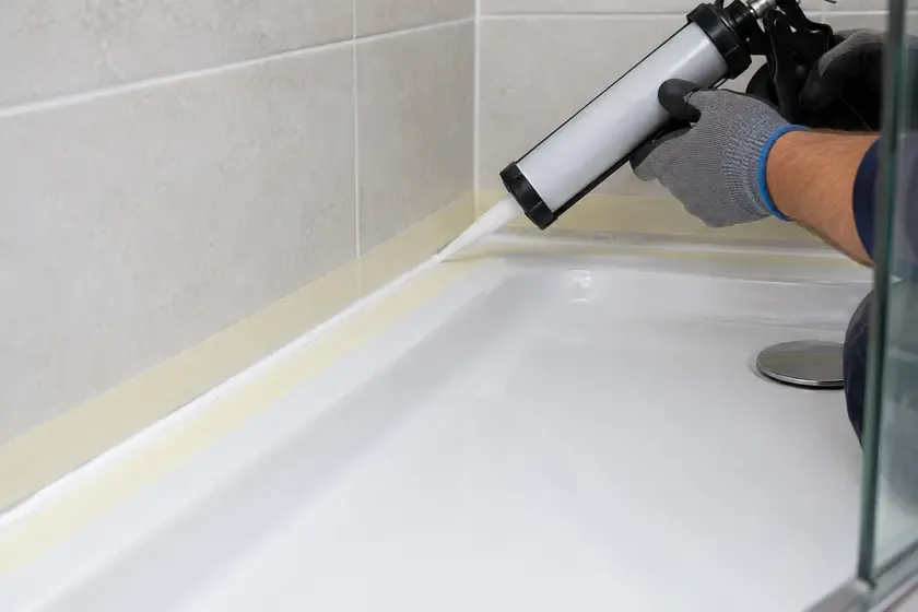 Plumber resealing the joint between a shower tray and tiled wall.