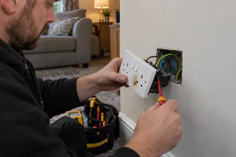Emergency electrical repairs: a professional electrician assessing or carrying out the electrical work.
