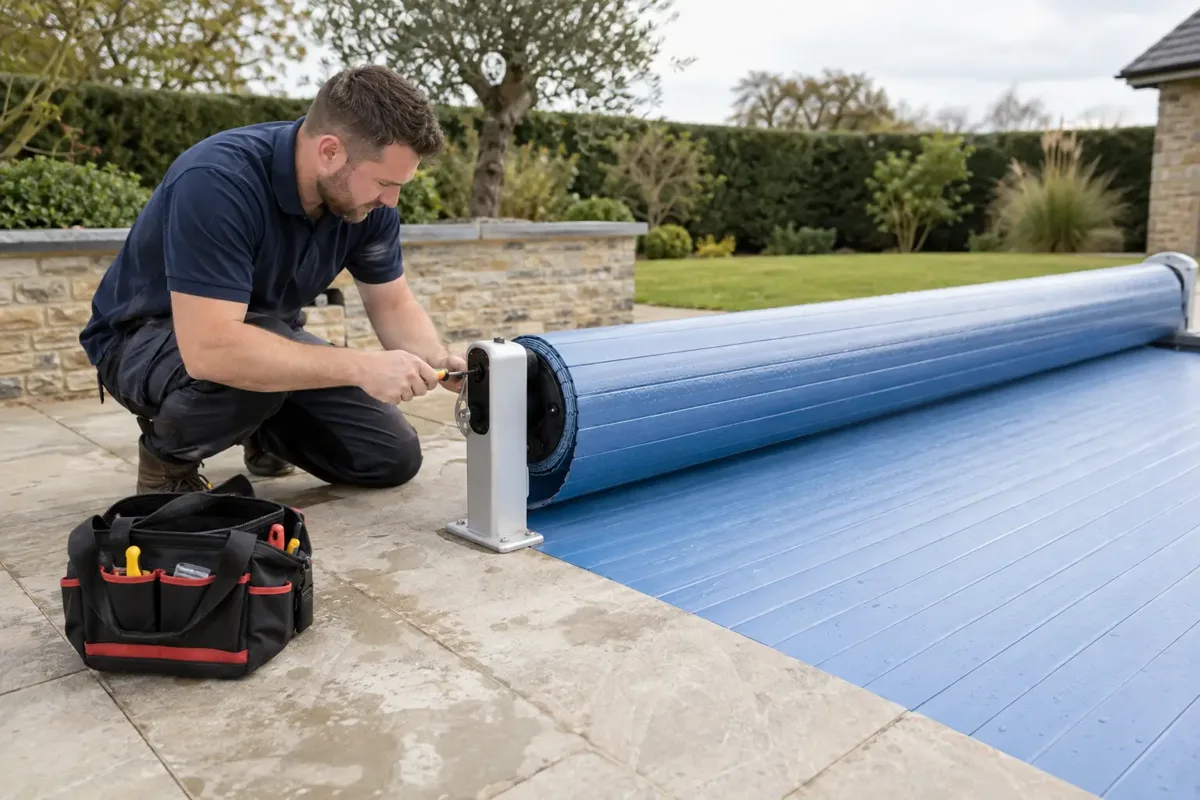 Technician Servicing Pool Cover and Roller