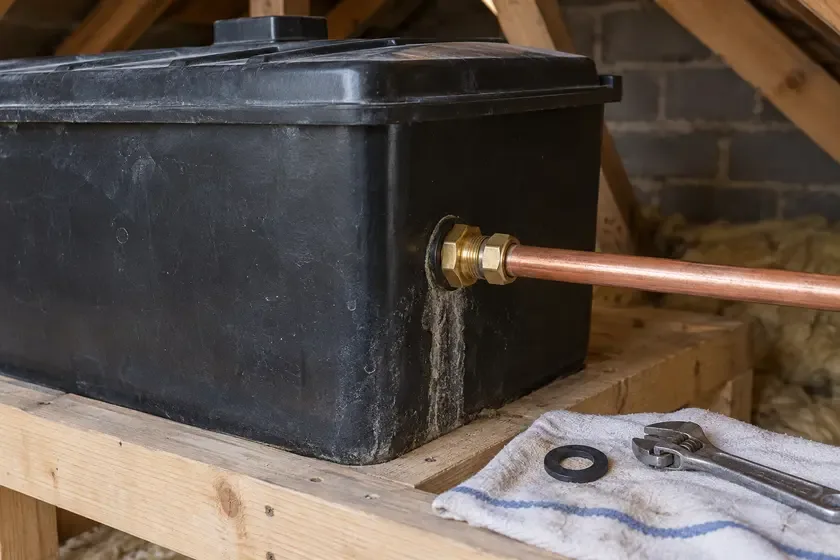 Repaired brass outlet connection on a cold-water storage tank.