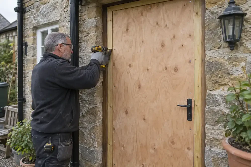 Straight-on close view of a boarded timber back door at a stone cottage: mature tradesman fixing the last screw through a full plywood sheet into perimeter battens, daytime, sturdy doorway.