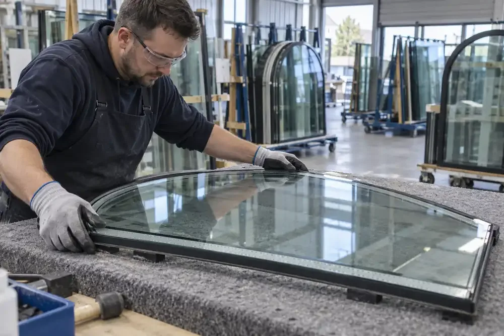 Technician assembling an arched insulated glass unit in a glazing workshop