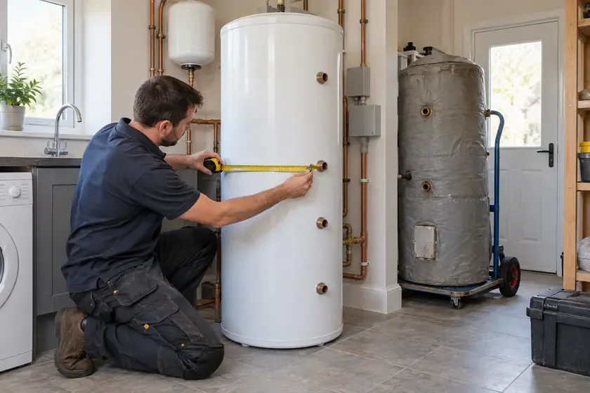 Plumber measuring a new hot water cylinder before replacement.