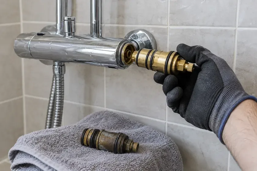 Plumber replacing a brass thermostatic cartridge in a shower mixer.