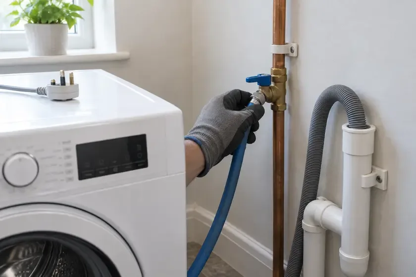 Plumber connecting a washing machine inlet hose to its isolation valve.