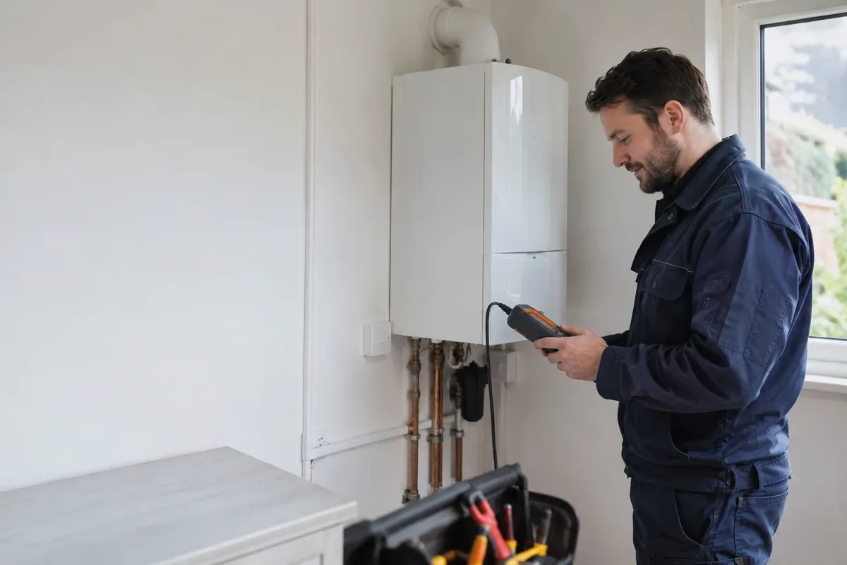 Heating engineer diagnosing a boiler fault