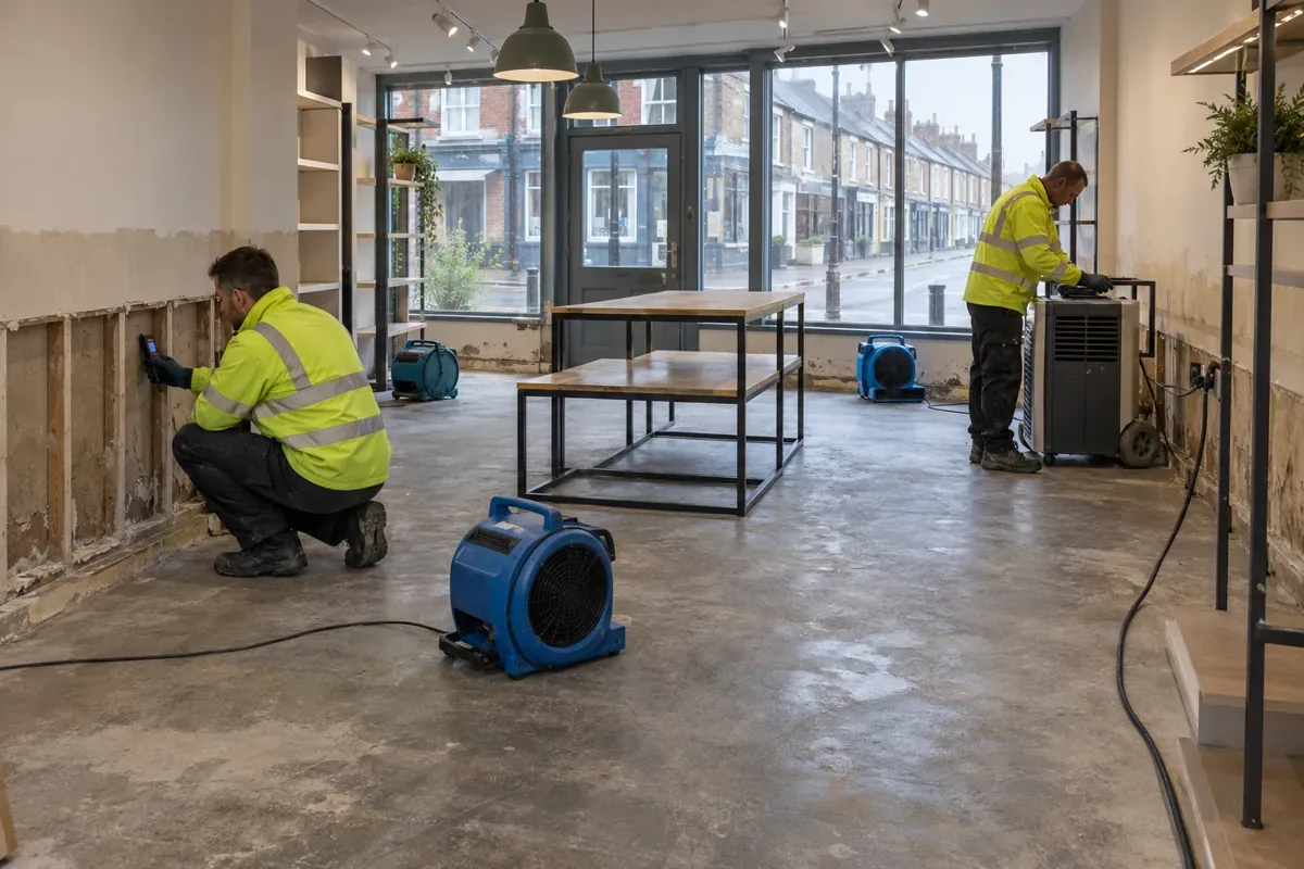 Restoration team setting up drying equipment in a flooded shop