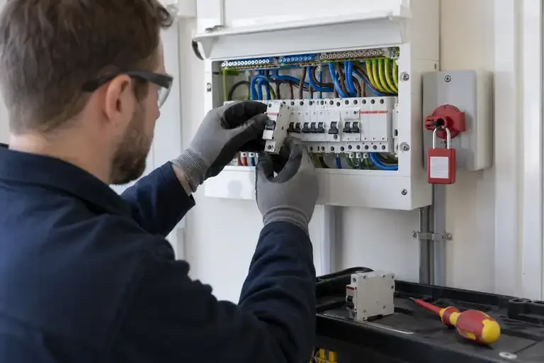 Electrician inspecting a replacement protective device beside a locked-off consumer unit.