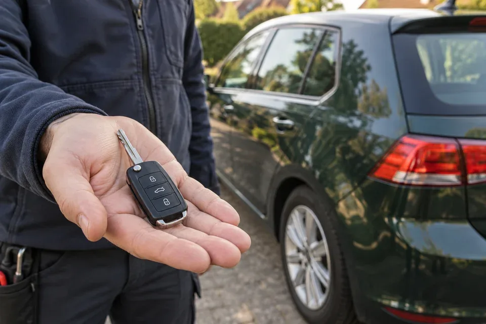 Completed replacement car key held beside a parked vehicle