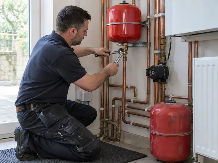 Plumber fitting a replacement central heating expansion vessel.