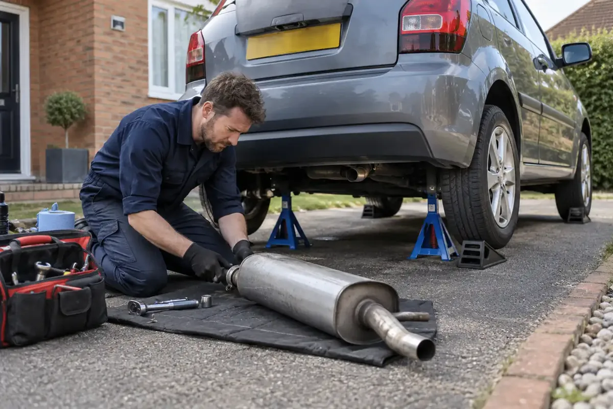 Mechanic preparing an exhaust repair beside a safely supported car