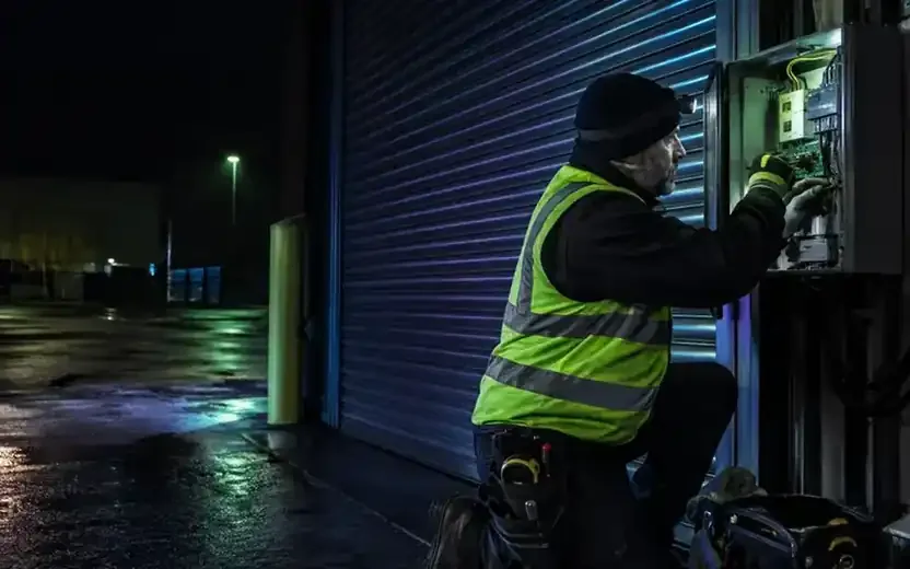 Technician repairs a commercial security shutter control and side mechanism.