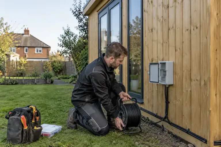 Electrician preparing armoured supply cable beside a timber garden office.